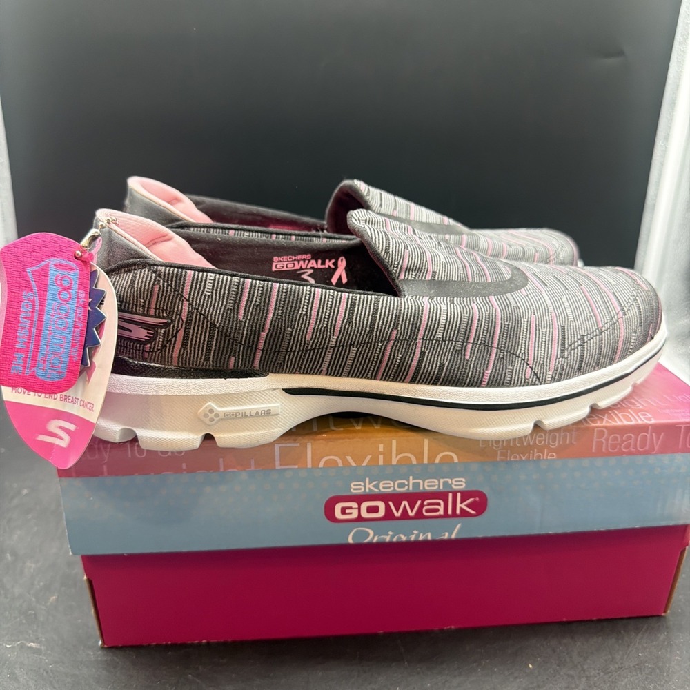 Skechers Go Walk 3 Shoes Sneaker Womens 8 Black Pink Walking Slip On Pink Ribbon